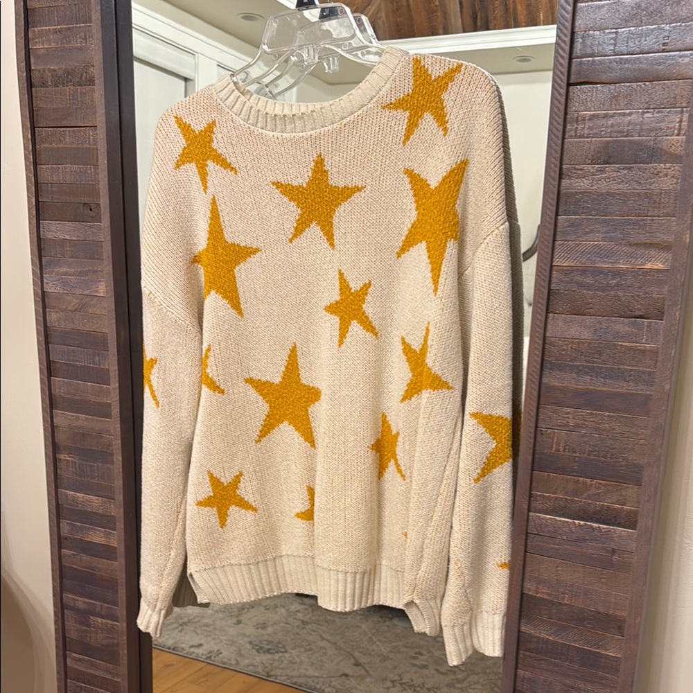 Marled Cream and Gold Star Pattern Crew Neck Sweater